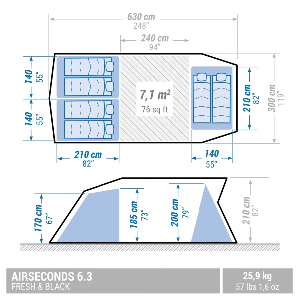 Quechua Airseconds 6.3. La mejor tienda de campaña hinchable para 6 personas con 3 habitaciones