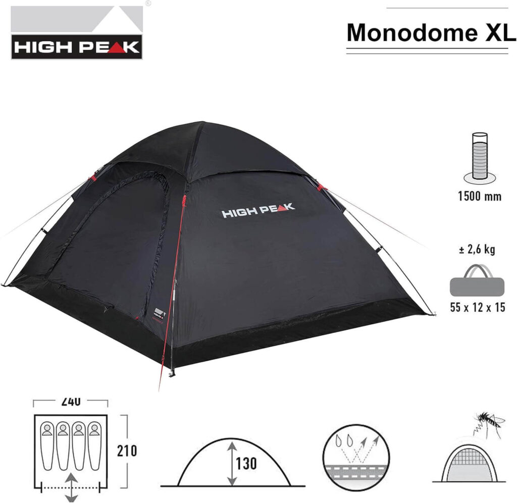 Medidas de la High Peak Monodome XL. Una de las mejores tiendas de campaña baratas.